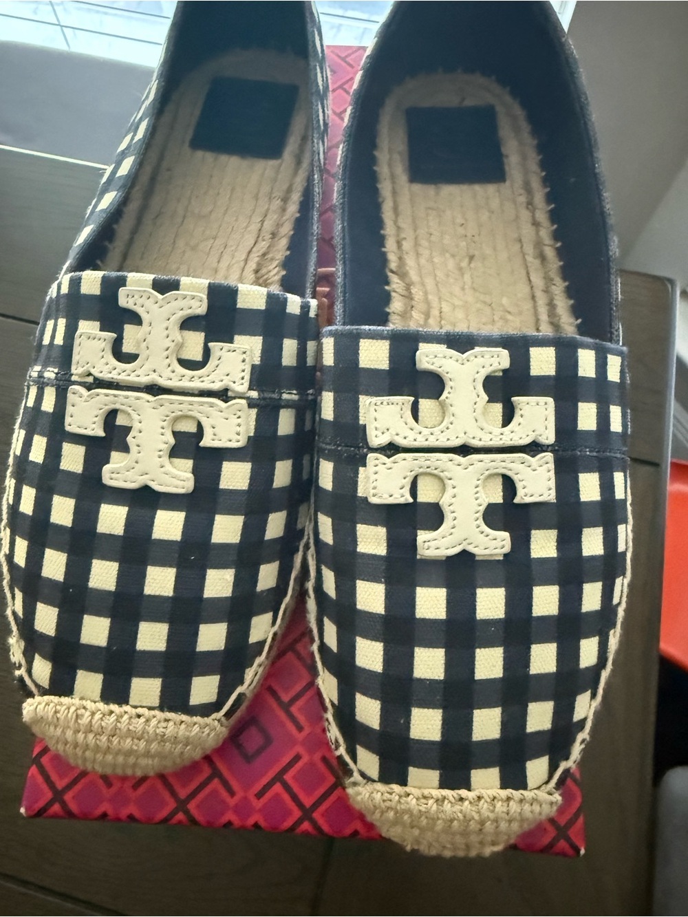 Tory Burch Navy and White Gingham Espadrille Flats - Picture 4 of 10